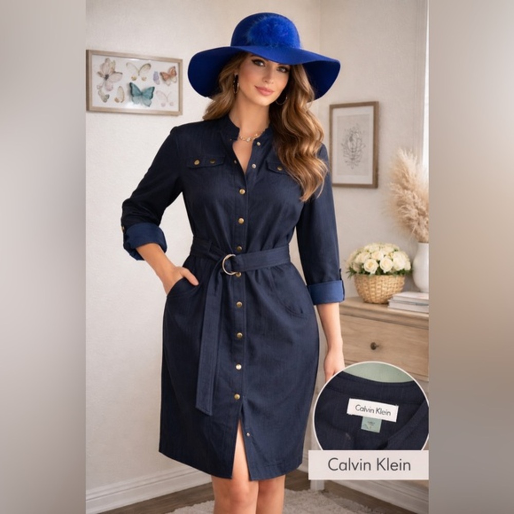 Calvin Klein Shirt Dress Navy Blue Belted Button Front Size 8